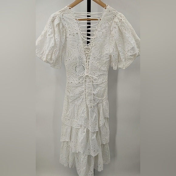 Farm Rio White Cotton Eyelet Puff Sleeve Midi Dress - Picture 6 of 6